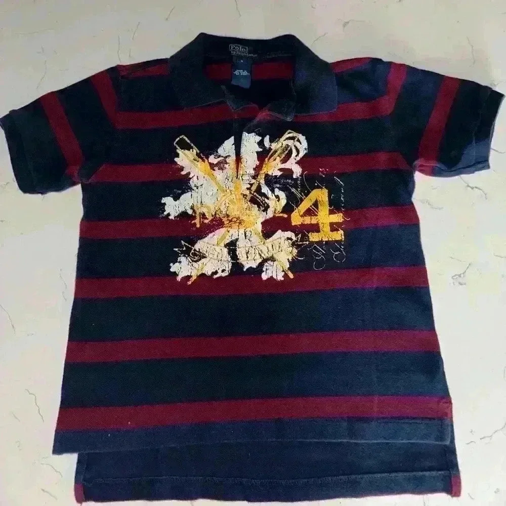 VINTAGE Ralph Lauren Polo Shirt Boy 6 Maroon Navy Striped Graphic Print Rugby